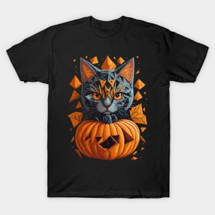 Geometric Halloween Cat on Pumpkin T-Shirt